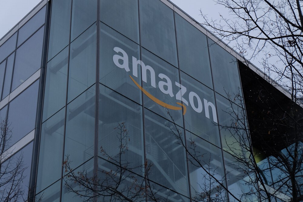Amazon logo on a glass office building