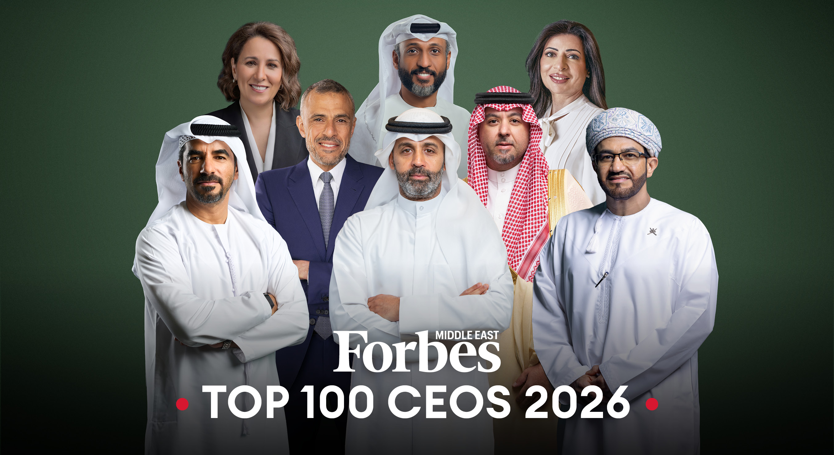 النسخة السادسة من قائمة فوربس لـ أقوى الرؤساء التنفيذيين في الشرق الأوسط 2026، تضم 102 قيادة تنفيذية تقود شركاتها نحو النمو المستدام وخلق القيمة في واحدة من أكثر البيئات الاقتصادية ديناميكية في العالم. ويتصدر الإماراتيون التصنيف بـ31 رئيسًا تنفيذيًا، يليهم المصريون بـ15، ثم السعوديون بـ13، فيما استحوذ قطاع البنوك والخدمات المالية على الحصة الأكبر من القائمة بواقع 30 مشاركة 